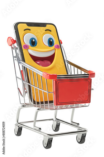 Cartoon moblie or cell phone in shopping cart. Funny face of smiling smartphone isolated on white background