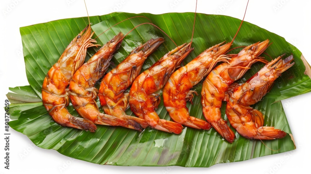 Die cut of Prawns, Grilled river shrimp or Thai shrimp on banana leaf on banana leaf on white isolated. Die cut of Prawns, Grilled river shrimp or Thai shrimp on banana leaf on banana leaf on white isolated.
