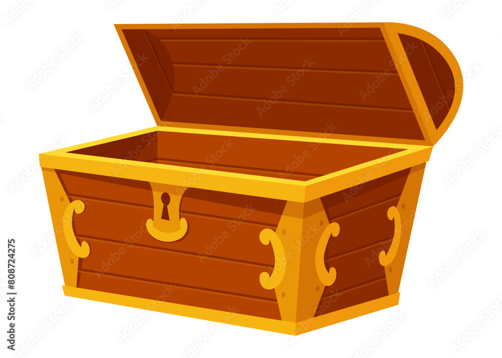 Chest. Game wooden antique box. Empty old wooden chest for gold treasure. Cartoon ancient container for pirates isolated vector icon on white Chest. Game wooden antique box. Empty old wooden chest for gold treasure. Cartoon ancient container for pirates isolated vector icon on white