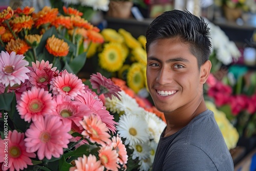 Man Standing in Front of Bunch of Flowers photo