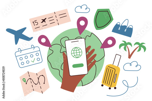 Planning travel composition, globe with location icons, vector illustration hand with smartphone, mobile app for tourist, website for travelers, organizing vacation, suitcase, ticket, insurance doodle
