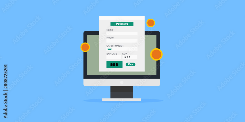Web browser with payment details information on computer screen, checkout interface vector illustration. Web browser with payment details information on computer screen, checkout interface vector illustration.