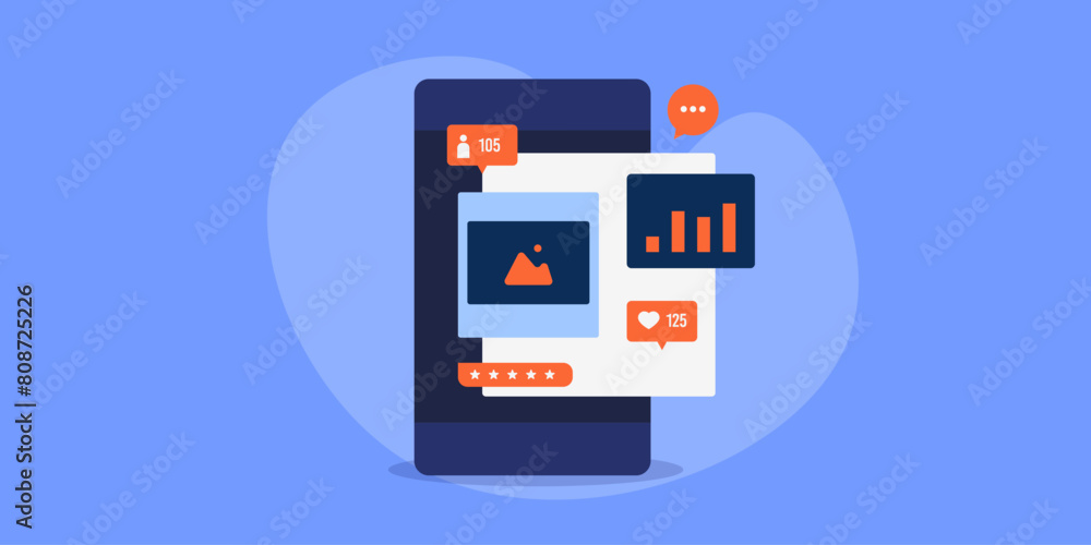 Social media post analytics on mobile screen, content and audience data monitoring e-business concept vector illustration. Social media post analytics on mobile screen, content and audience data monitoring e-business concept vector illustration.