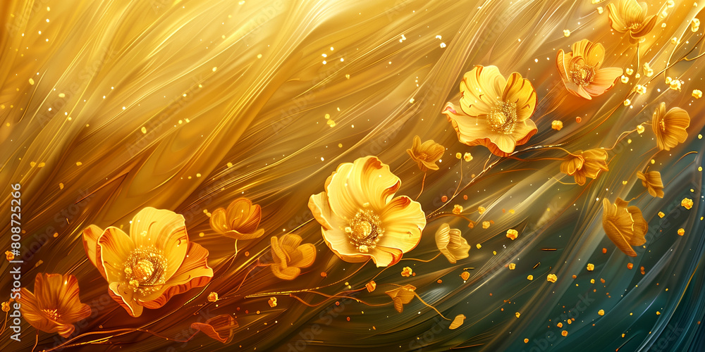 Yellow flowers on blue and gold backdrop with peach tones, part of rose family Yellow flowers on blue and gold backdrop with peach tones, part of rose family