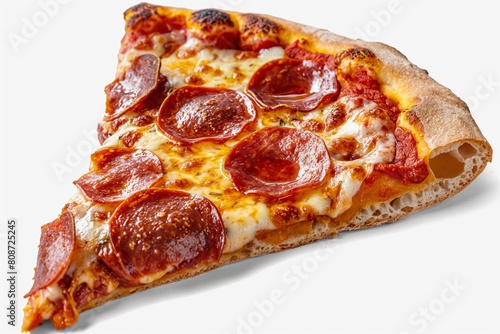 A close-up of a single slice of pepperoni pizza with melting cheese and a golden-brown crust isolated on white