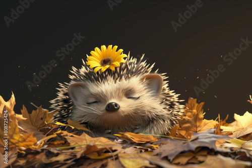 A hedgehog is sleeping with a yellow flower on its head photo