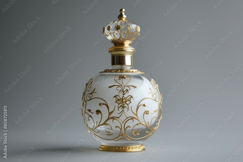 Luxury fragrance container with intricate gold designs on a neutral background Luxury fragrance container with intricate gold designs on a neutral background