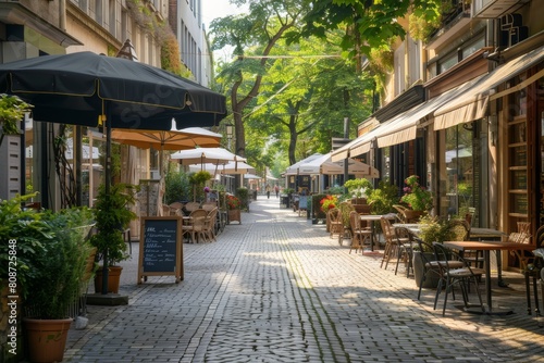 Cobblestone streets, free of cars, wind through a vibrant pedestrian zone, lined with cafes and shops, a surprising oasis in a bustling metropolis.
