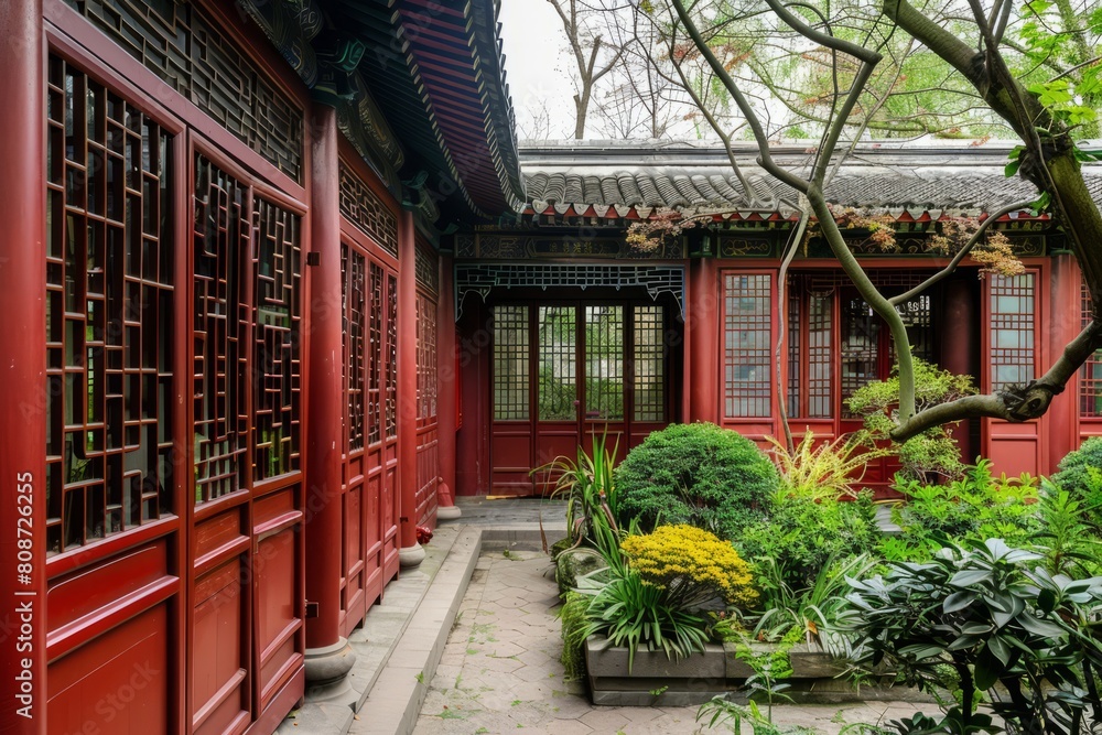 A traditional Chinese courtyard house with red walls, curved eaves, and intricate wooden lattice windows, surrounded by a tranquil garden, Generative AI A traditional Chinese courtyard house with red walls, curved eaves, and intricate wooden lattice windows, surrounded by a tranquil garden, Generative AI