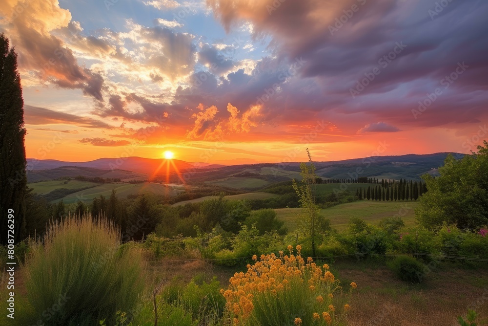 Tuscan sunset. Italian farm garden. Generate Ai Tuscan sunset. Italian farm garden. Generate Ai