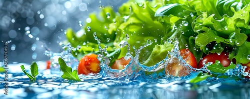 Various vegetables are plunging into the liquid environment of water photo