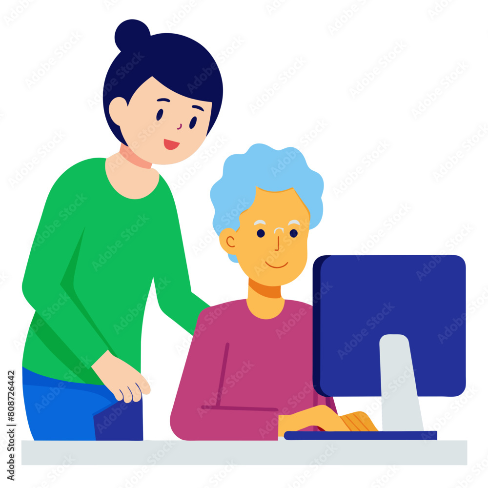 young person assisting an older woman with computer use, bridging of the digital divide young person assisting an older woman with computer use, bridging of the digital divide