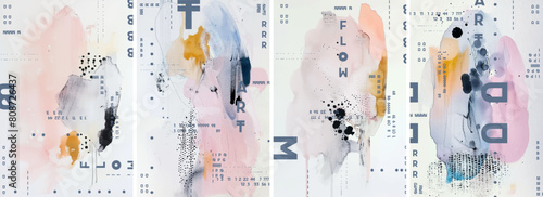 A series of four abstract designs, a soft pastel background with delicate watercolor patterns. The designs include splashes of muted colors like pale pink, light blue, grey and black. photo