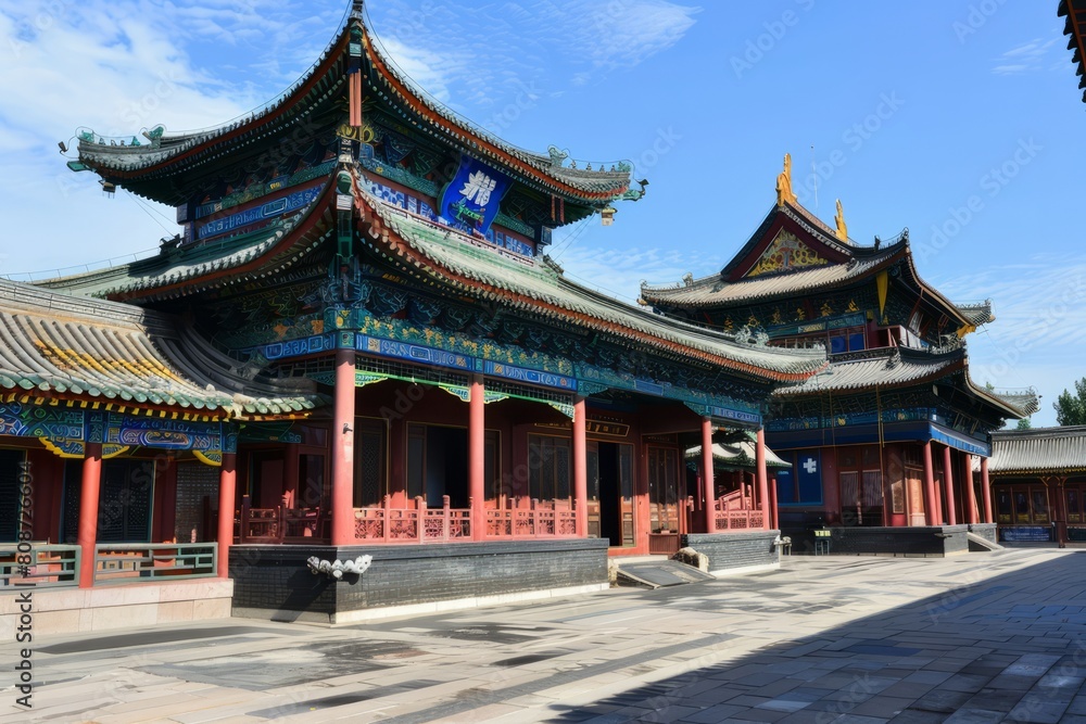 A traditional Chinese opera house adorned with colorful banners, ornate carvings, and dramatic rooflines, alive with cultural performances, Generative AI