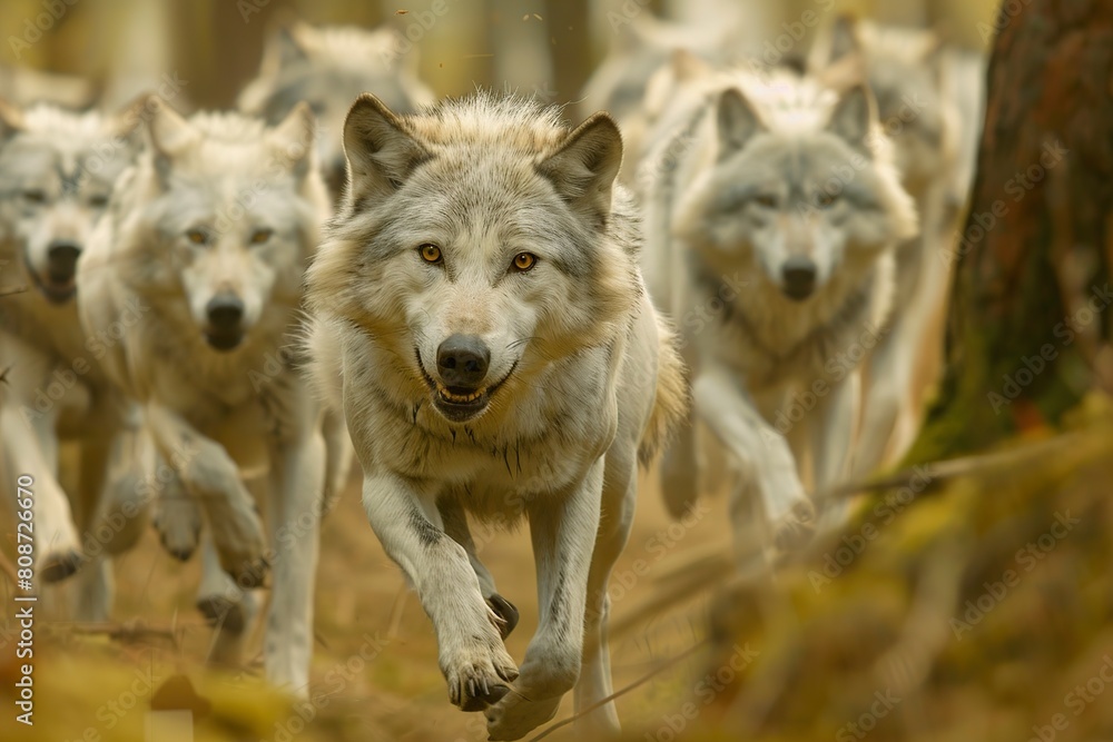 Group of Wolves Running Down Dirt Road
