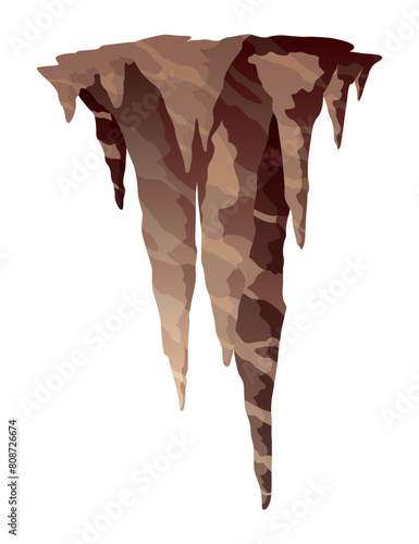 Stalactite. Icicle shaped hanging mineral formations in cave. Nature brown limestone, material stone icon. Natural growth geology formations
