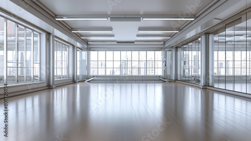 .An empty dance studio with large mirrors and ballet barres