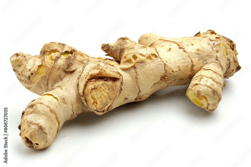 A single piece of ginger root isolated on a white backdrop, highlighting its texture and natural form