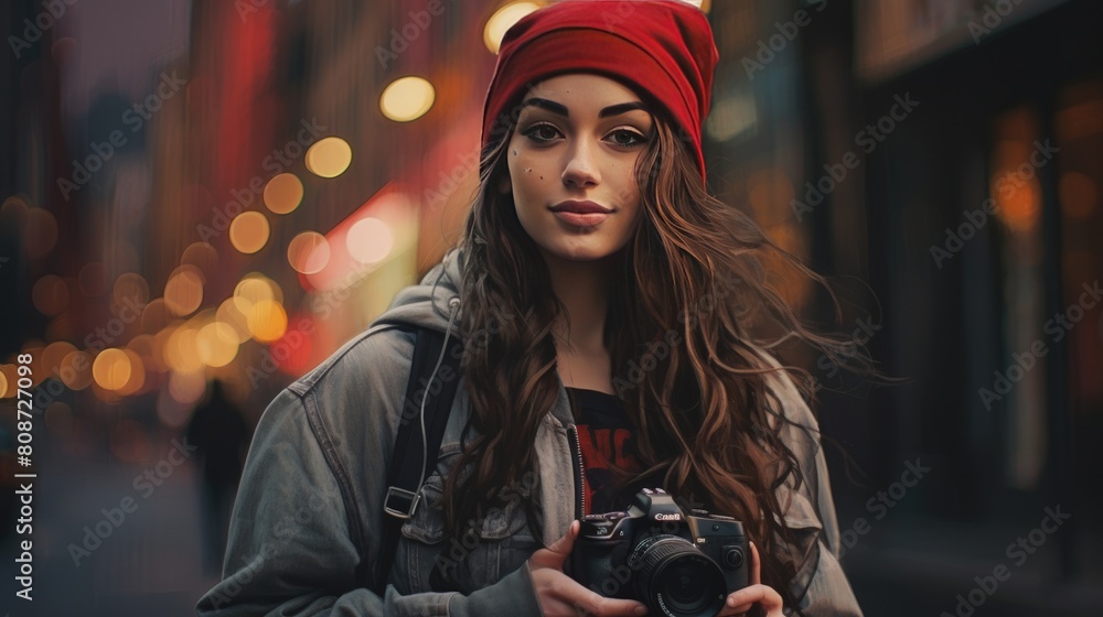 Beautiful young woman in a red hat with a camera in the city