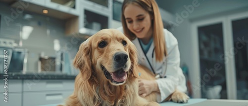 An examination table sits at a modern vet clinic as a female veterinarian assesses the health of a golden retriever. The owner calms down the pet while the vet assesses its health. © Антон Сальников