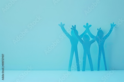 Paper people holding hands in electric blue canvas