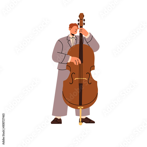 Jazz bassist in suit plays contrabass in blues concert. Professional musician, player performs with double or string bass in music performance. Flat isolated vector illustration on white background