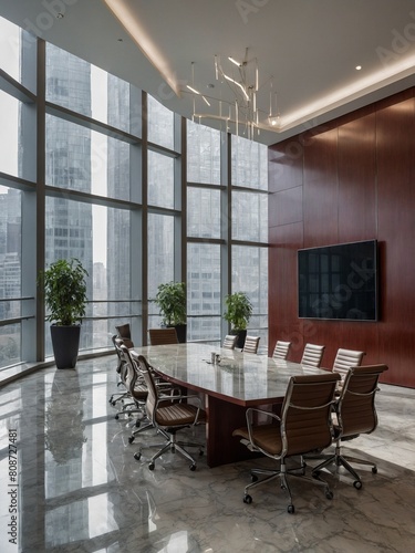 Spacious  modern conference room depicted. Room centered around large  oval-shaped conference table. High-back rolling office chairs neatly arranged around this table.