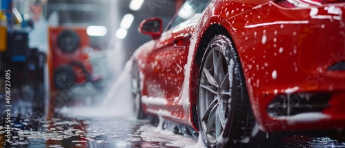 Water High Pressure Washer is used by a professional detailer to remove Smart Soap and Foam from a red performance car being cared for in a vehicle detail shop. photo