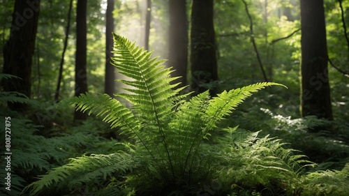 Sunlight pierces through dense forest  illuminating vibrant green fern that stands prominently against darkened woods. Light casts ethereal glow  highlighting intricate patterns of ferns leaves.