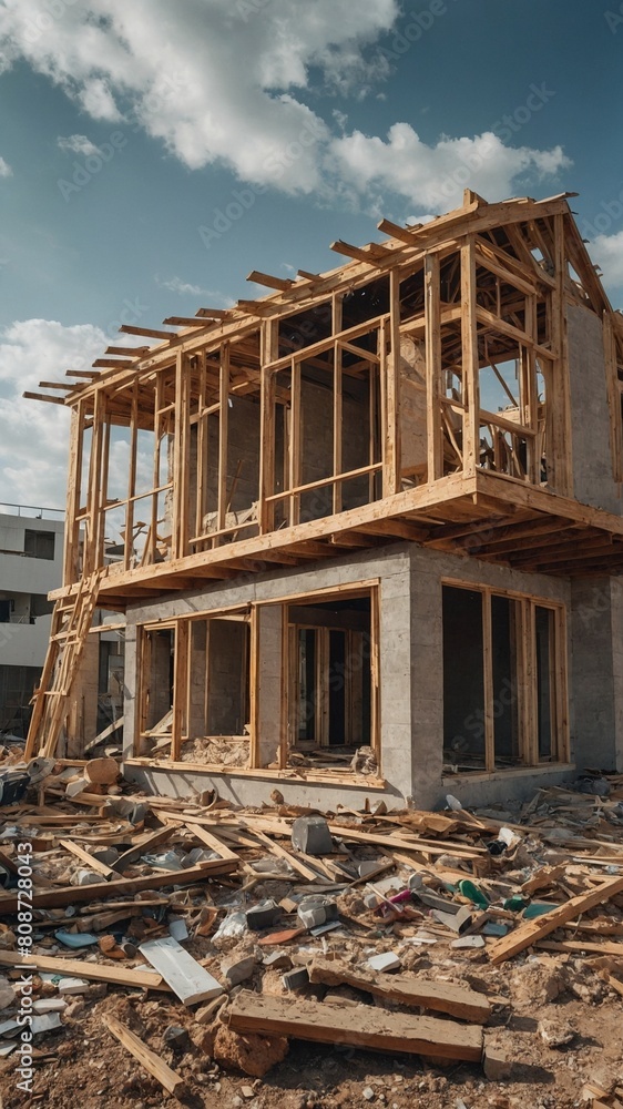 House stands in process of construction, with wooden frames outlining emerging structure amidst scattered array of debris. Sky above, painted with soft clouds.