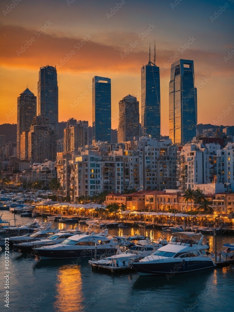 Fototapeta premium Golden sunset bathes bustling cityscape, marina in warm hues. Skyscrapers, towering with architectural grandeur, cast long shadows as day transitions into night. Below, yachts moored neatly in marina.