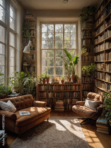 Sunlight streams through large window  casting warm glow on cozy reading nook. This peaceful corner surrounded by towering bookshelves filled with extensive collection of books.