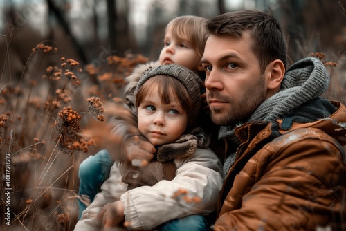 Parent and children. Outdoors scene. Autumn Season. Father's Day
