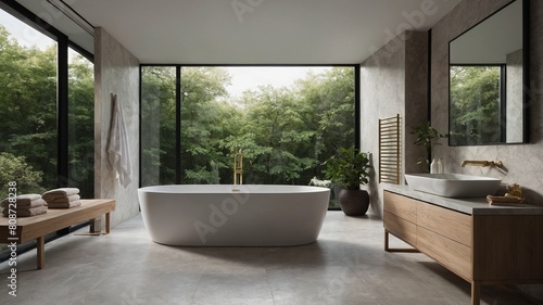 Serene atmosphere pervades modern bathroom  bathed in natural light. Rooms centerpiece  freestanding bathtub  sits before large window that frames view of lush forest. On left.