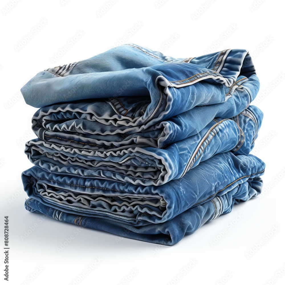 A stack of neatly folded blue jeans on a white background.