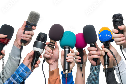 many hand hold microphone isolated on transparent background