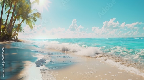 A beautiful tropical beach with palm trees and turquoise water, sunlight shining on the sand.