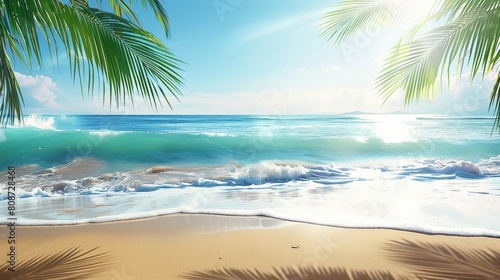 A beautiful tropical beach with palm trees and turquoise water, sunlight shining on the sand.