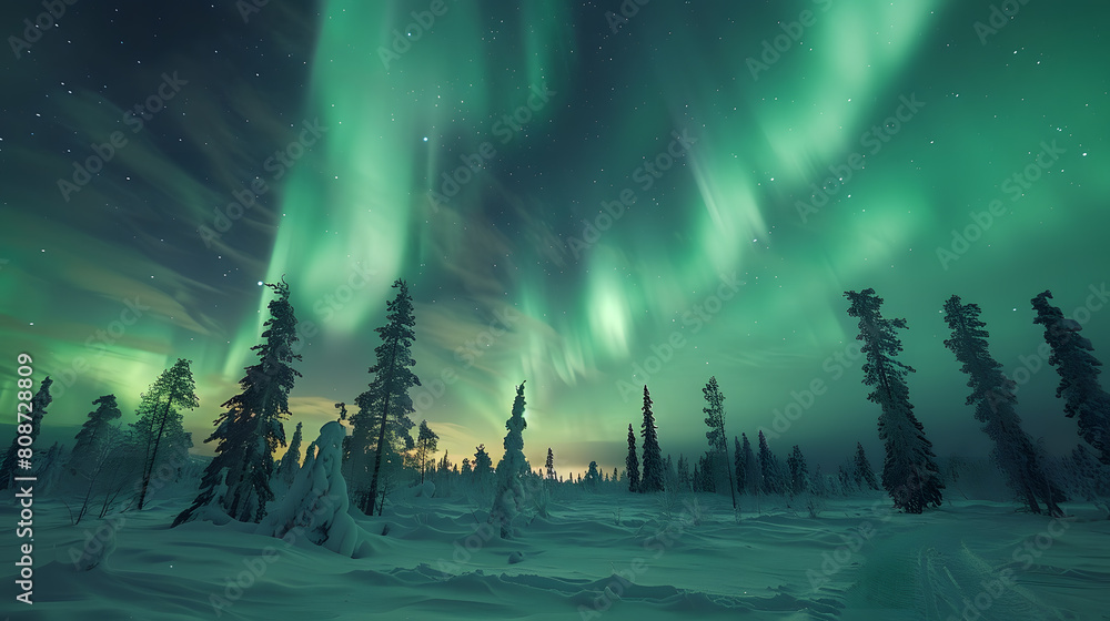 A photo featuring an ethereal aurora dancing over a frozen landscape. Highlighting the shimmering lights in the night sky, while surrounded by snow-covered trees