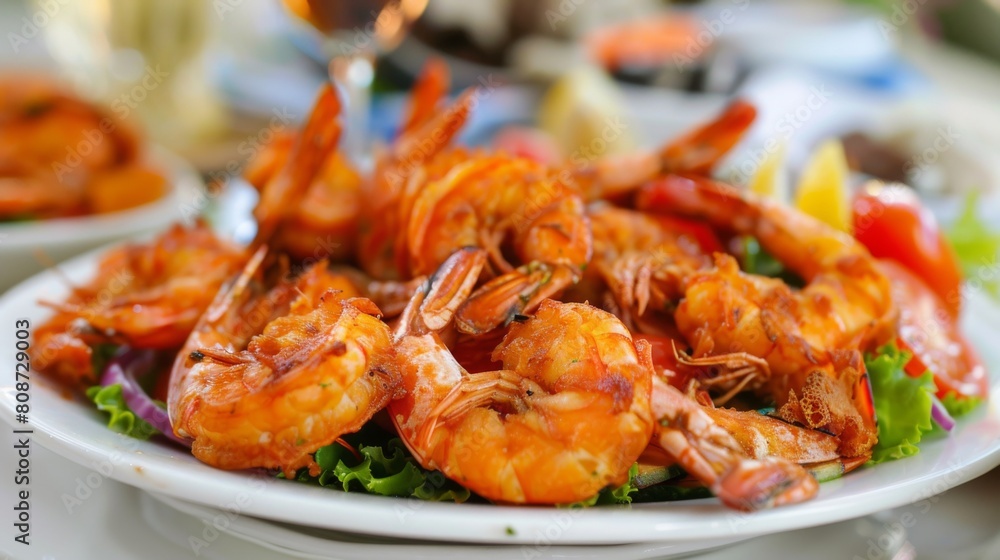 Fried shrimp and vegetable on plate