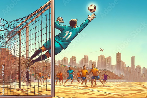 Beach Soccer Competition: A jumping goalkeeper parries a difficult shot