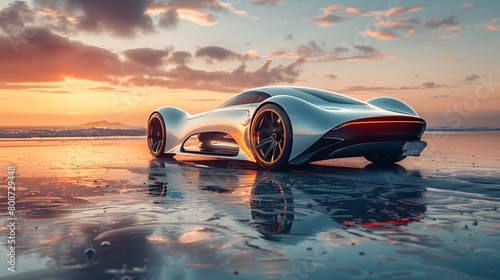 A futuristic vehicle design with a smooth, reflective metallic topaz body, showcasing the curves and angles of the vehicle as it gleams under the sunset, embodying speed and luxury.