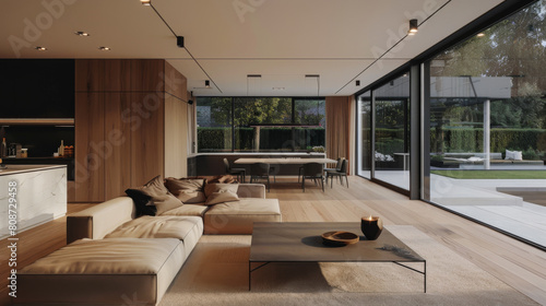 Modern living room interior in a minimalist style with floor-to-ceiling panoramic windows with access to the veranda. Design concept.