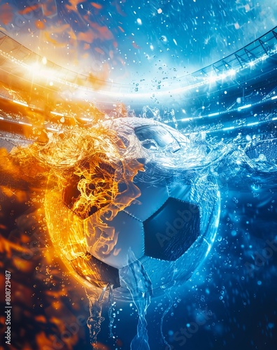 A soccer ball in the water with fire and smoke.