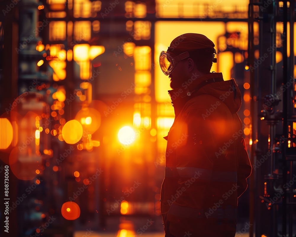 The photo shows a man standing in a city street at sunset