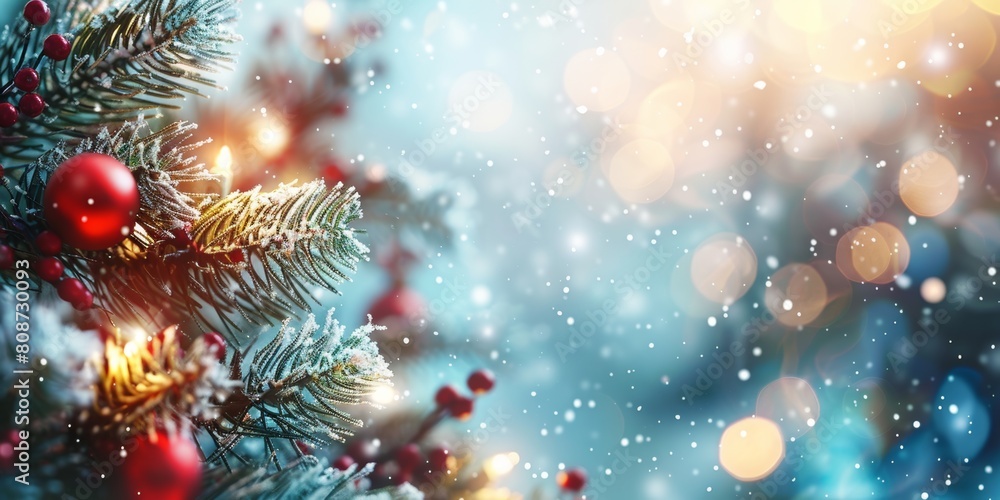 Close-up of frosted pine branch with red berries and golden pine cones, sparkling with bokeh lights in the background Close-up of frosted pine branch with red berries and golden pine cones, sparkling with bokeh lights in the background