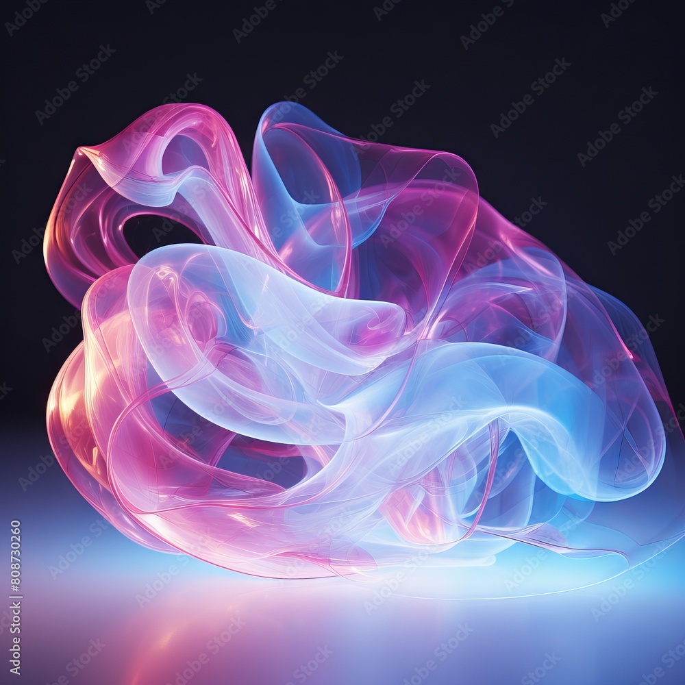 The image is a 3D rendering of a pink and blue smoke-like object The image is a 3D rendering of a pink and blue smoke-like object