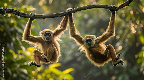 Agile gibbons swinging effortlessly from vine to vine, their acrobatic movements a testament to their mastery of the jungle environment. photo