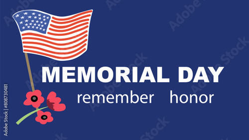 Memorial day template. Commemorative tombstone with USA flag and red poppy flowers. Vector illustration for design national traditional holidays USA, Independence Day