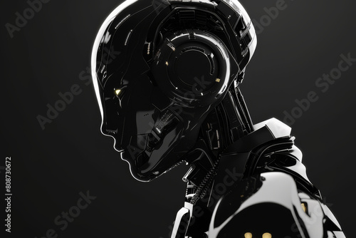 A robot with a black and white face is standing in front of a dark background